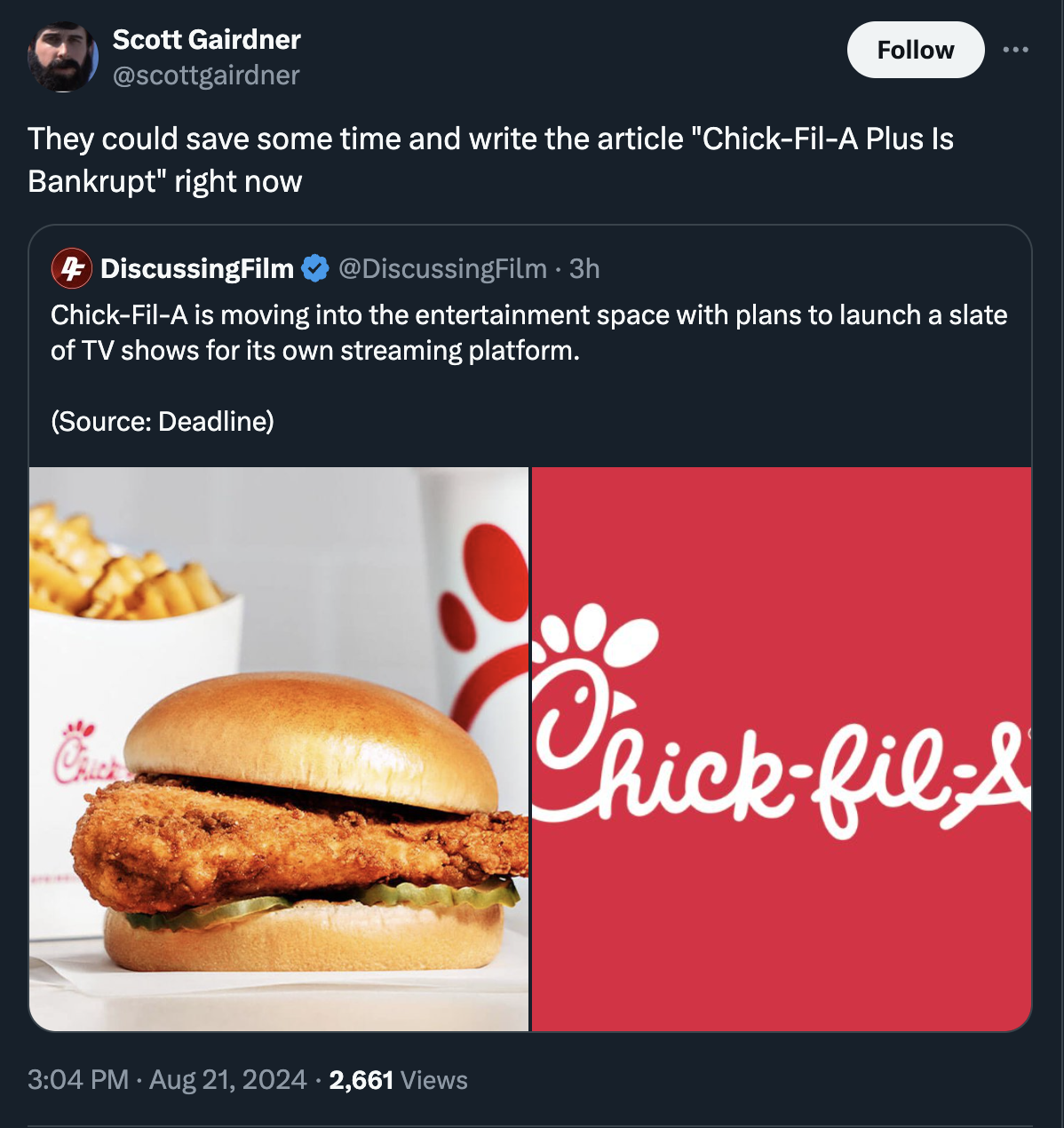 bk chicken nuggets - Scott Gairdner They could save some time and write the article "ChickFilA Plus Is Bankrupt" right now 4 DiscussingFilm DiscussingFilm 3h ChickFilA is moving into the entertainment space with plans to launch a slate of Tv shows for its